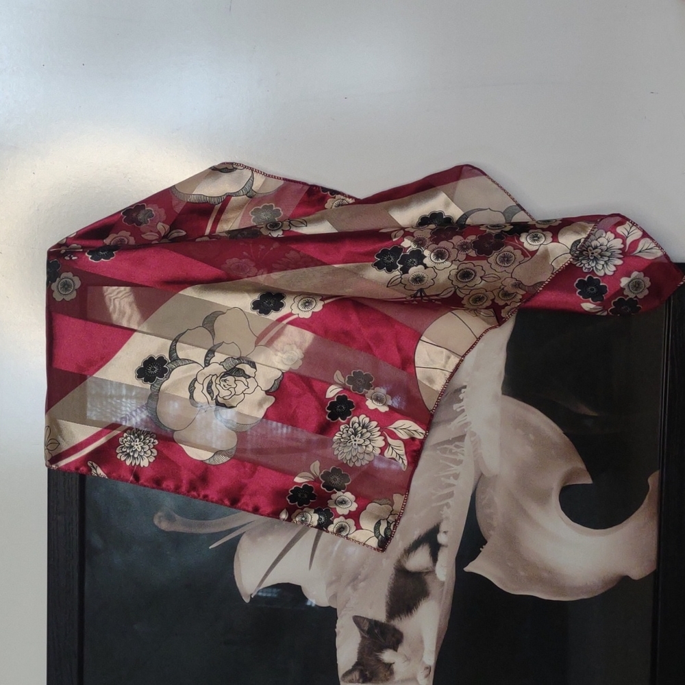 Maroon/cream and black floral small square satin scarf